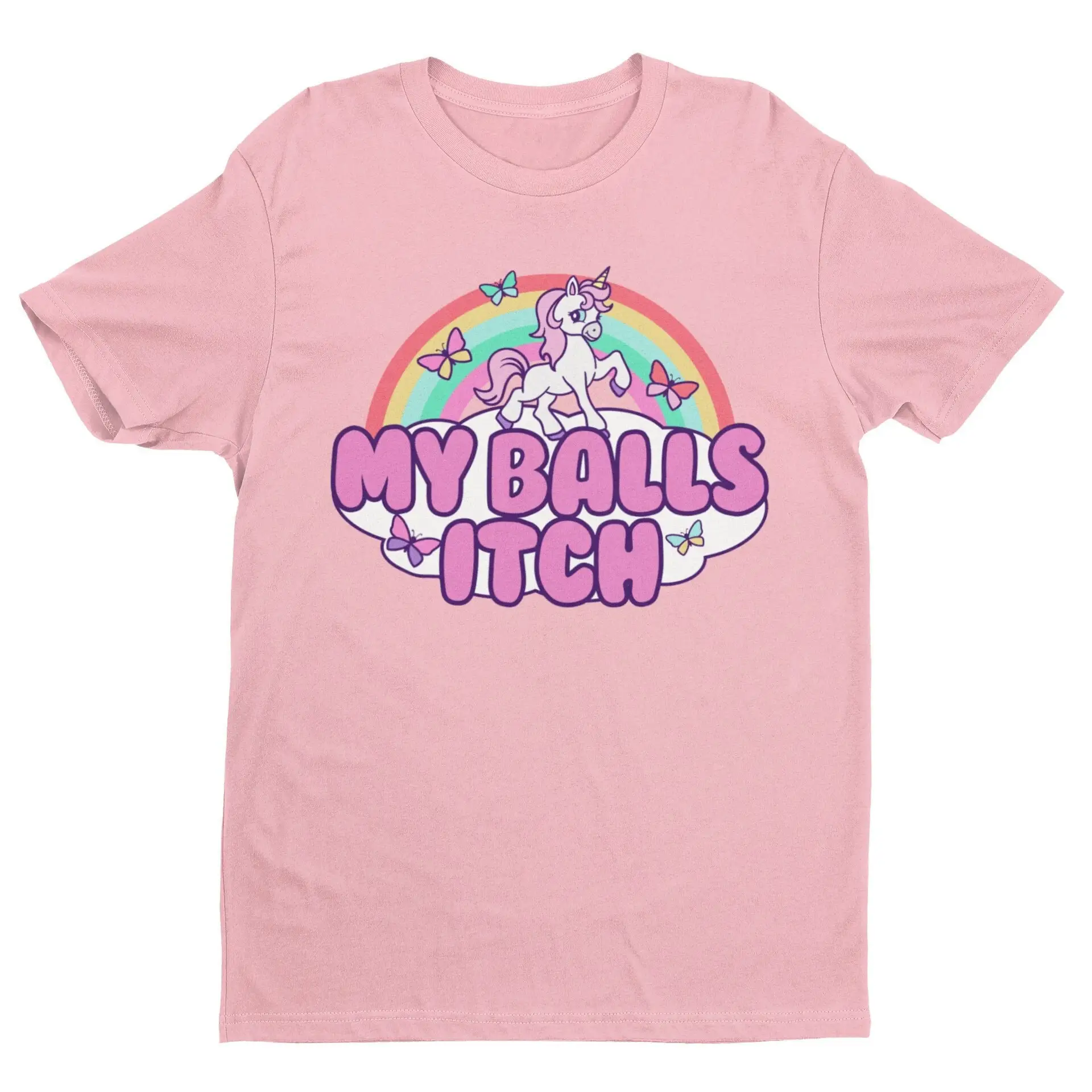 Funny Meme T Shirt My Balls Itch Ironic Unicorn Rainbow Offensive Cringe Weird Dank Inappropriate Quote Y2K Joke