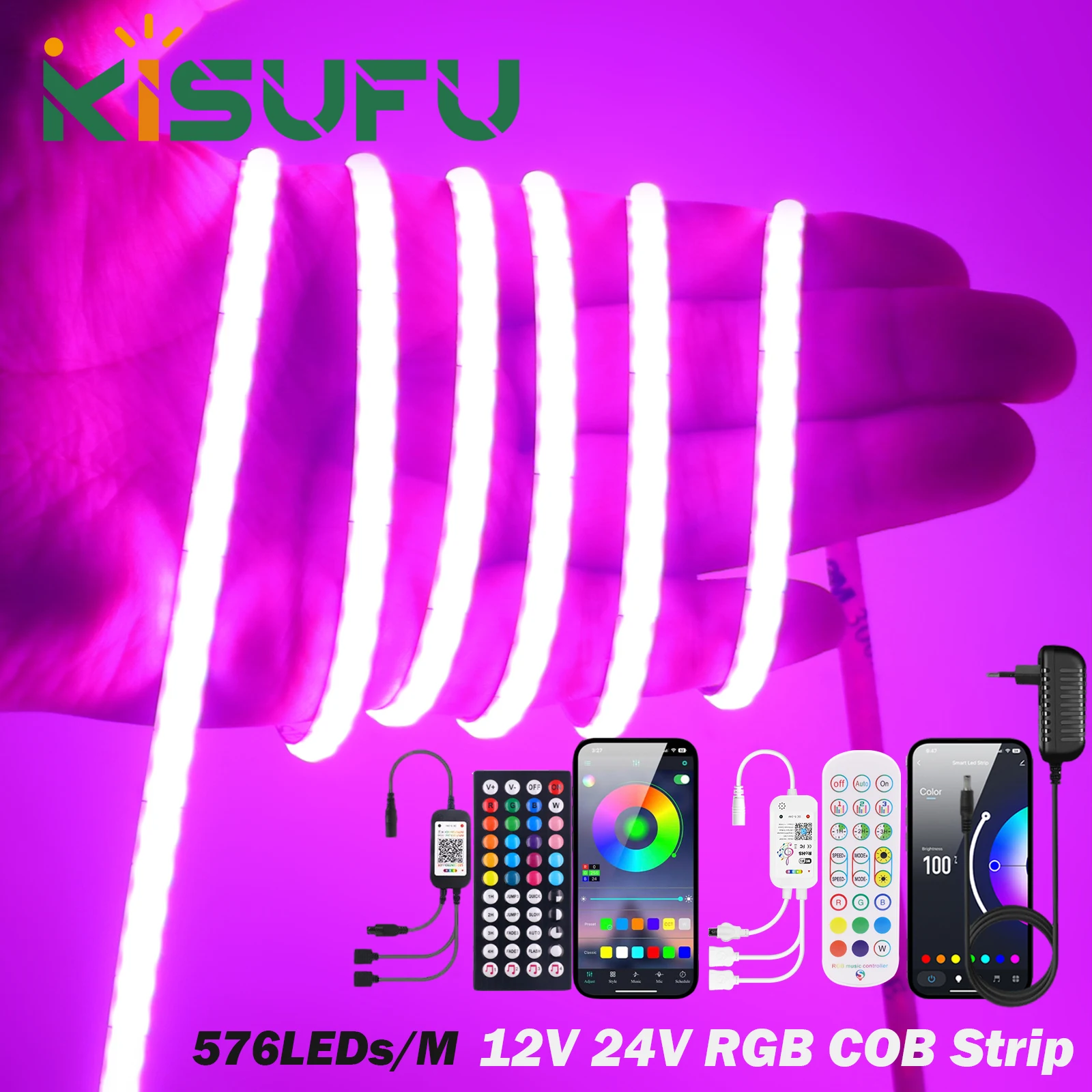 Smart RGB COB LED Strip Light 12V 24V 576LEDs/M Tuya WIFI Bluetooth Remote Control Kit Flexible Adhesive TV Room Backlight Decor
