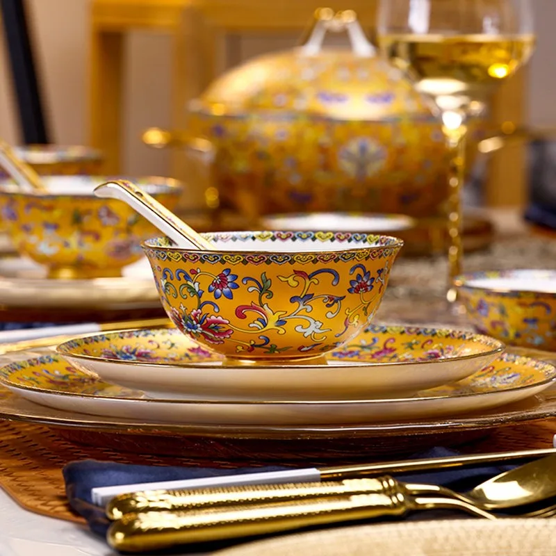 Bone china tableware set, palace style, enamel color, luxurious housewarming set, new home set, bowls and plates, home use