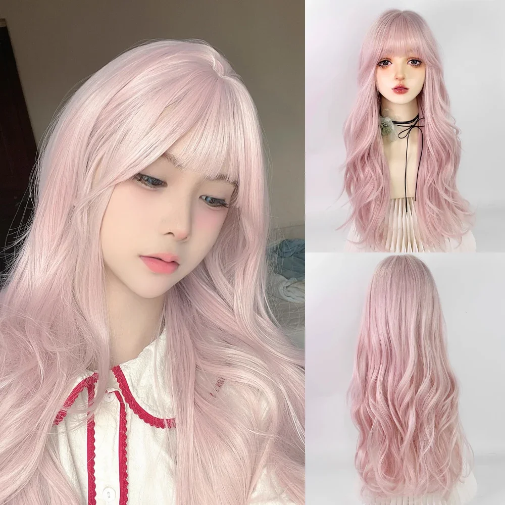 

Long Wavy Light Pink Women Synthetic Wigs with Bangs Lolita Cosplay Natural Fluffy Hair Wig for Daily Party
