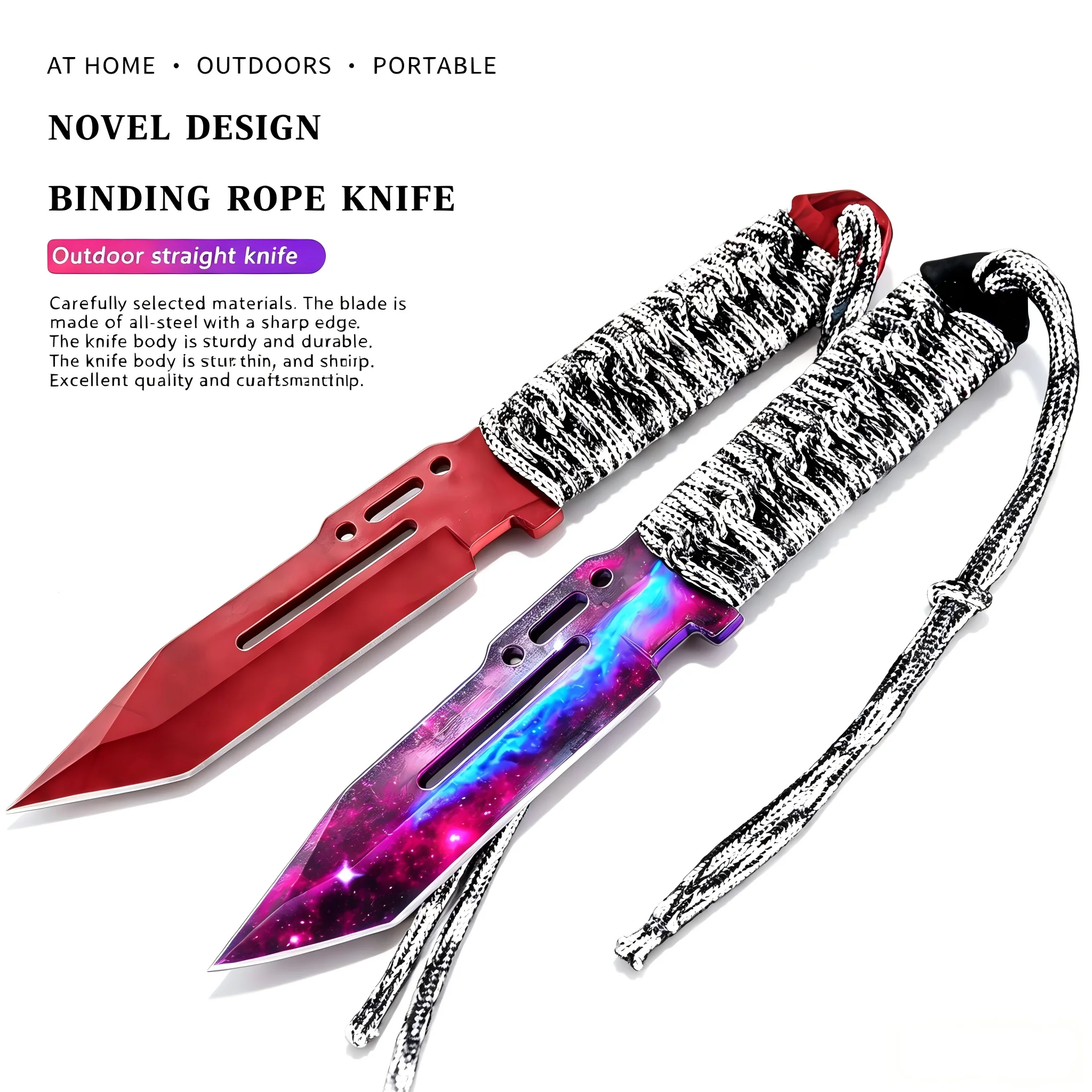 Game Inspired Collectible Fixed Blade Utility Tool Galaxy & Red Marble Pattern Paracord Wrapped Handle With Leather Sheath Portable Outdoor Cutting Gear For Camping Hobby Display Collection Gift