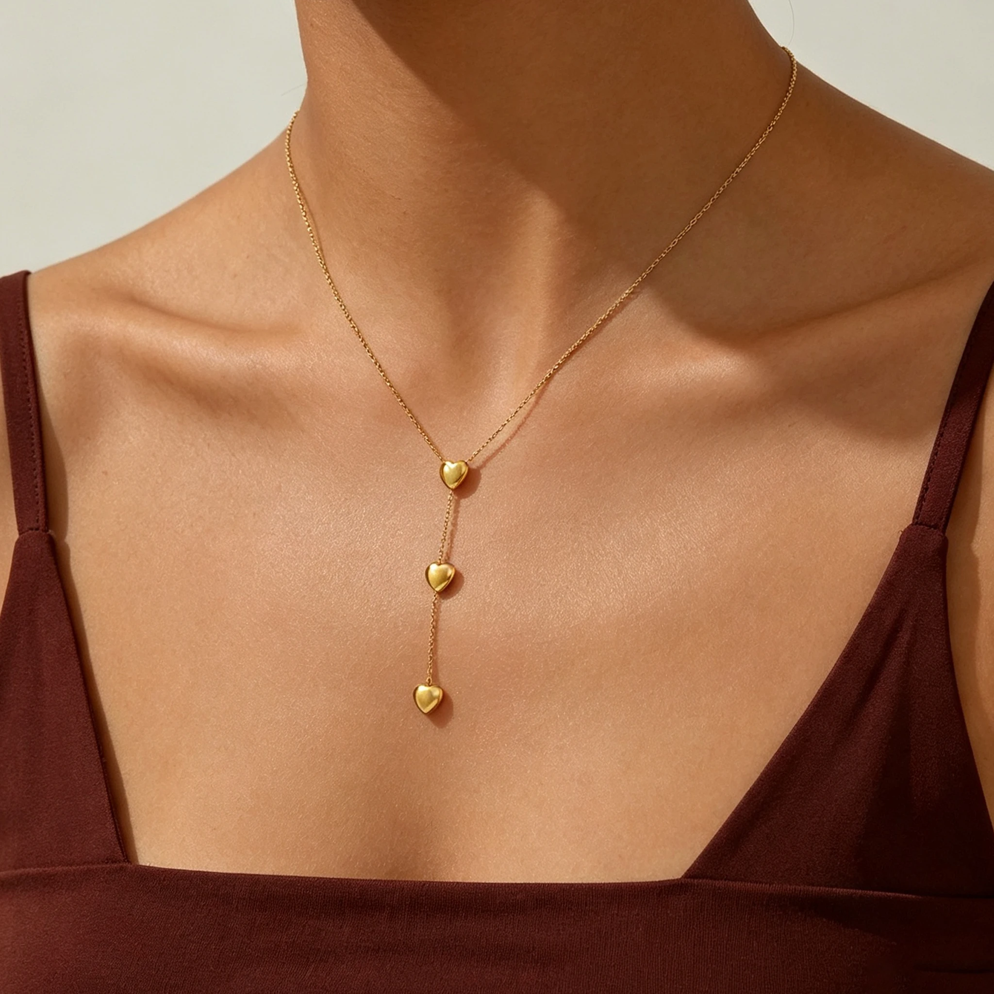 Minimalist Stainless Steel Y‑Shaped Lariat Necklace Three Smooth Heart Charm Adjustable Chain Elegant Ladies Neck Ornament