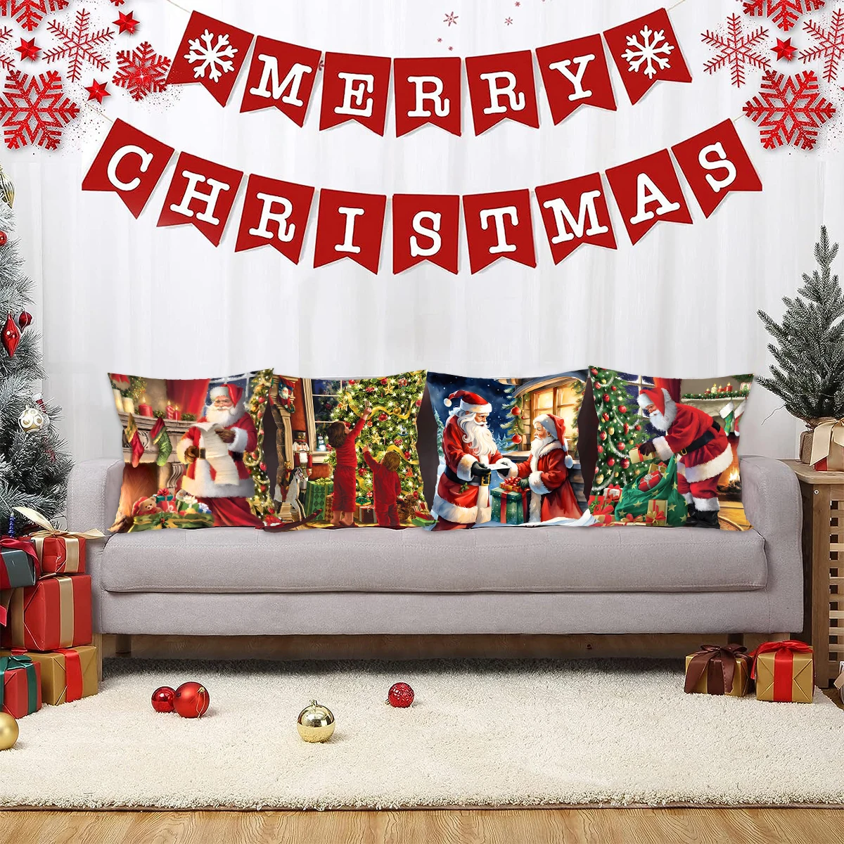 Christmas Santa Cushion Cover Decorative Pillow Cover Throw Pillow Case Home Decor 2024 Christmas Decor for Home Sofa Pillowcase