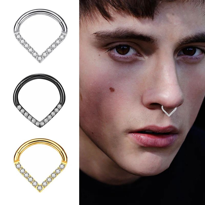 1PC G23 Titanium Hoop CZ Heart Septum Helix Piercing Nose Rings Tragus Cartilage Hinged Segment Earrings Perforated Jewelry gift