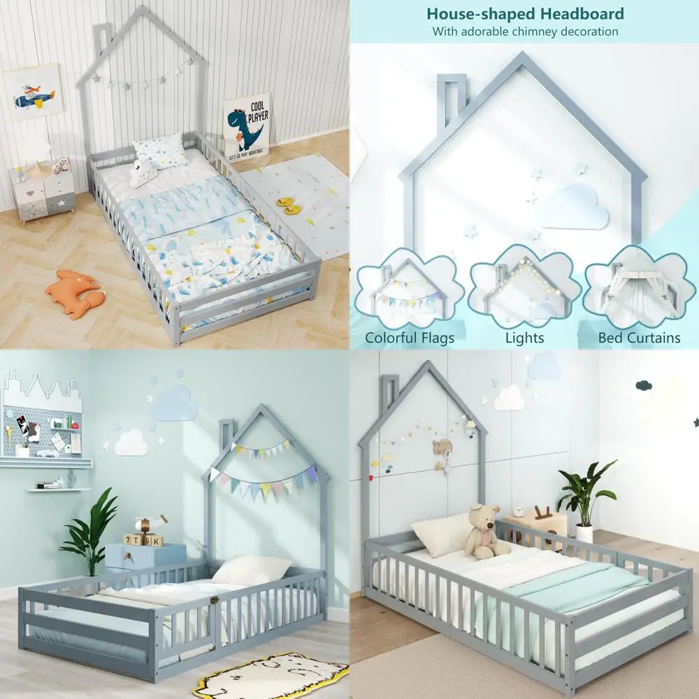 twin size wooden bed with door, fenced montessori frame, and full-length safety guardrail