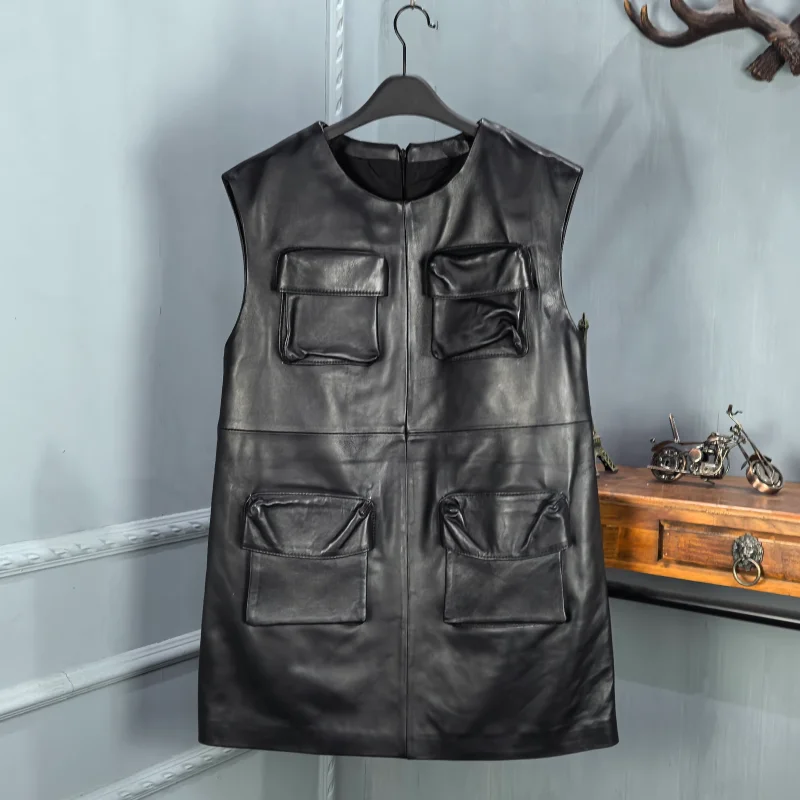 

Fall 2026 Women's Slimming eepskin Dr round Ne Vest Long Midi Dr Casual Sle Leather Material H Version Loose Fit