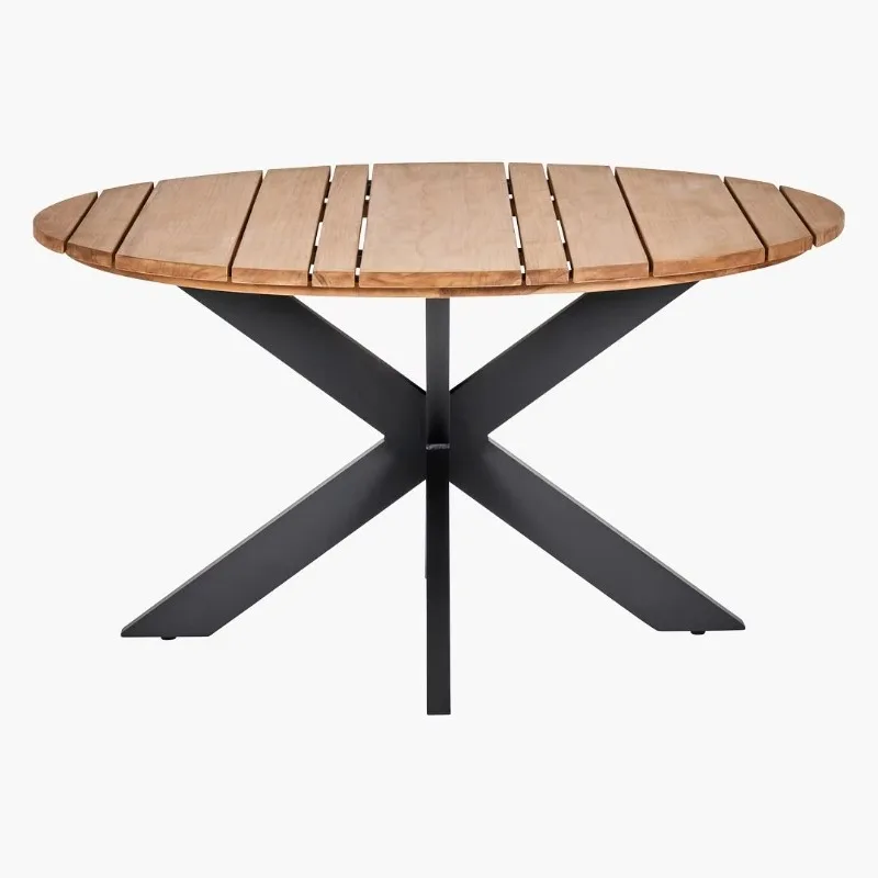 Outdoor dining table with solid teak top and steel base for family dining room entrances or workshop furniture