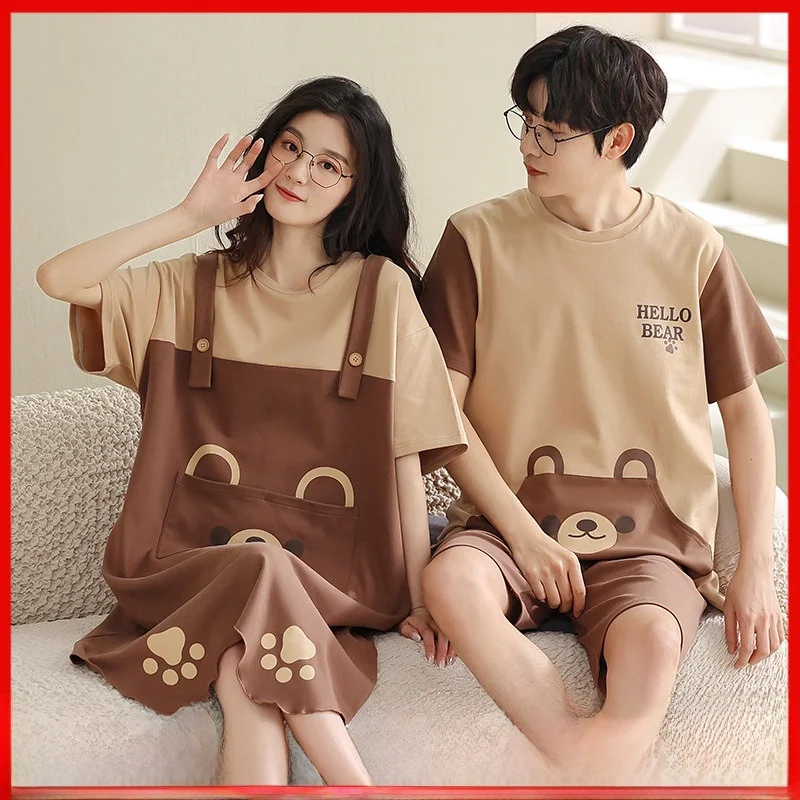 Cotton Pajamas Couple Set Men's Women's Summer Thin Short Sleeve Sleepwear Cute Cartoon Style Home Clothes Student Suitable