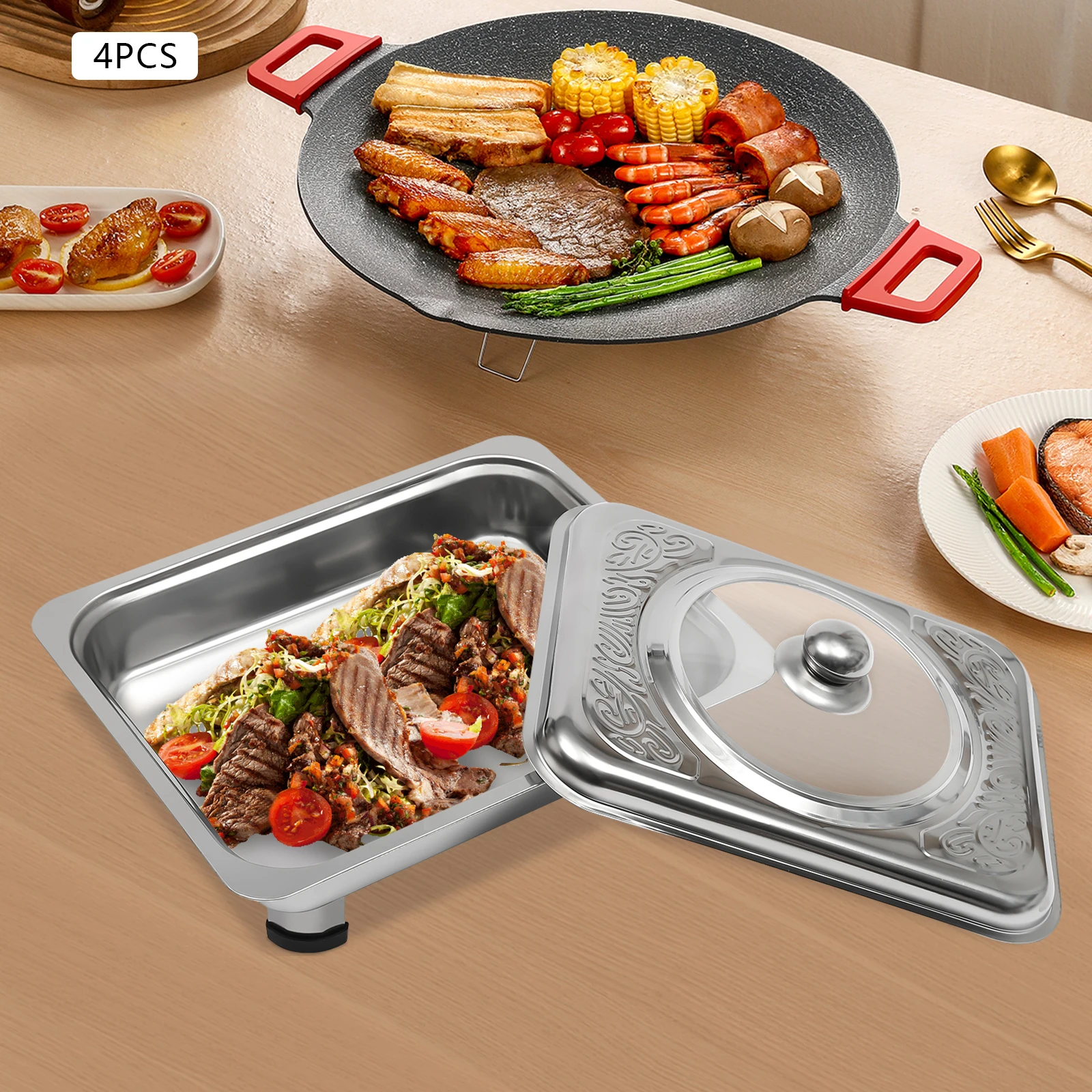 

Поднос для шведского стола, набор из 4 чашек из нержавеющей стали с тиснеными крышками, подогреватель еды 33,5x27,5 см для вечеринки общественного питания, новинка