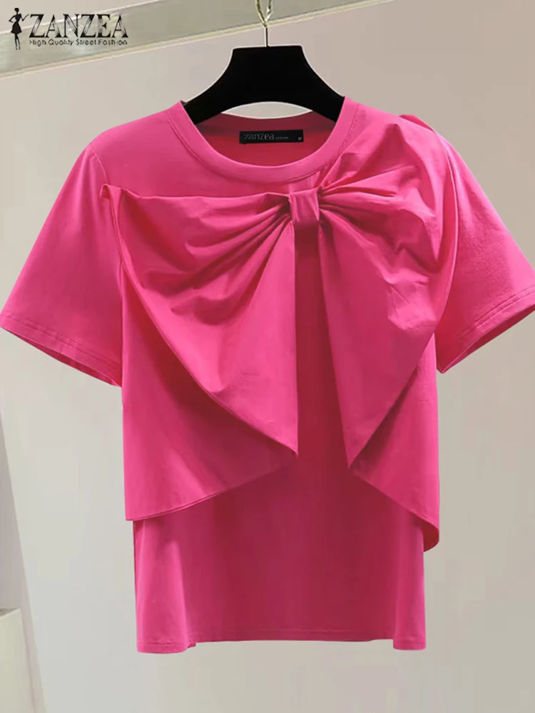 ZANZEA Women SummerLoose T-Shirt Chic Bowknot Short Sleeve Blouse 2024 Korean Patchwork O-neck Tops Holiday Casual Solid Tunic