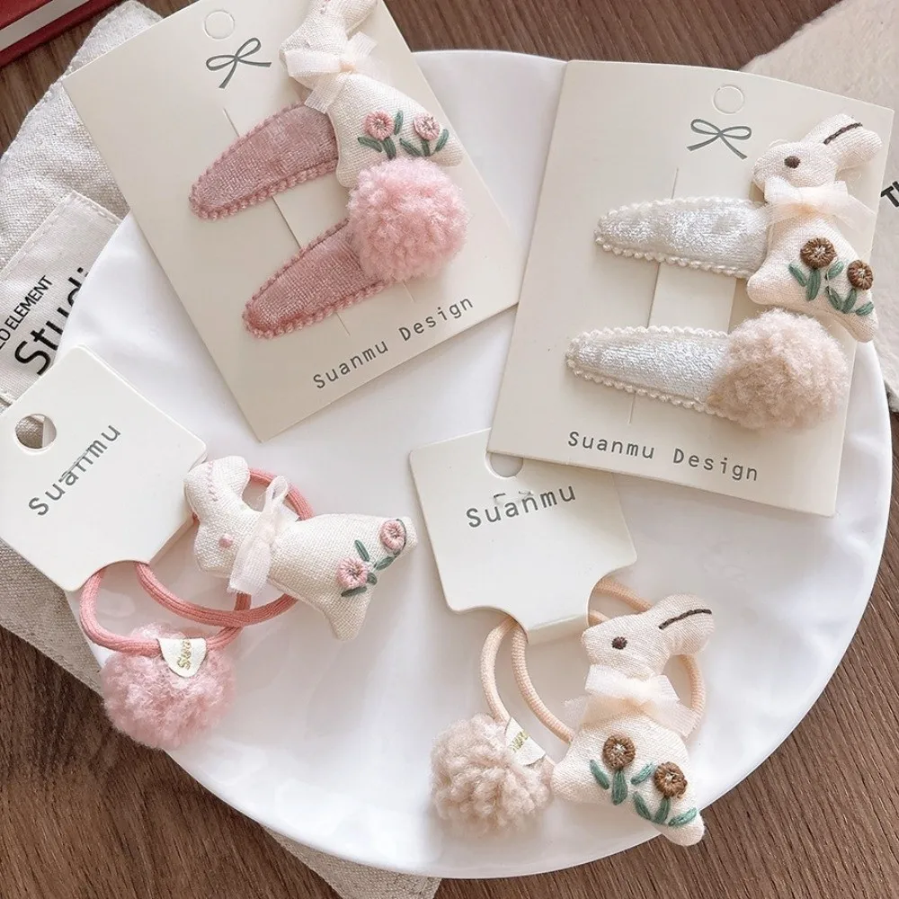 Sweet Pink Velvet Hair Clips Set Cartoon Rabbit 3D Embroidery Side BB Clips Princess Style Pom Pom Hair Ties for Girls