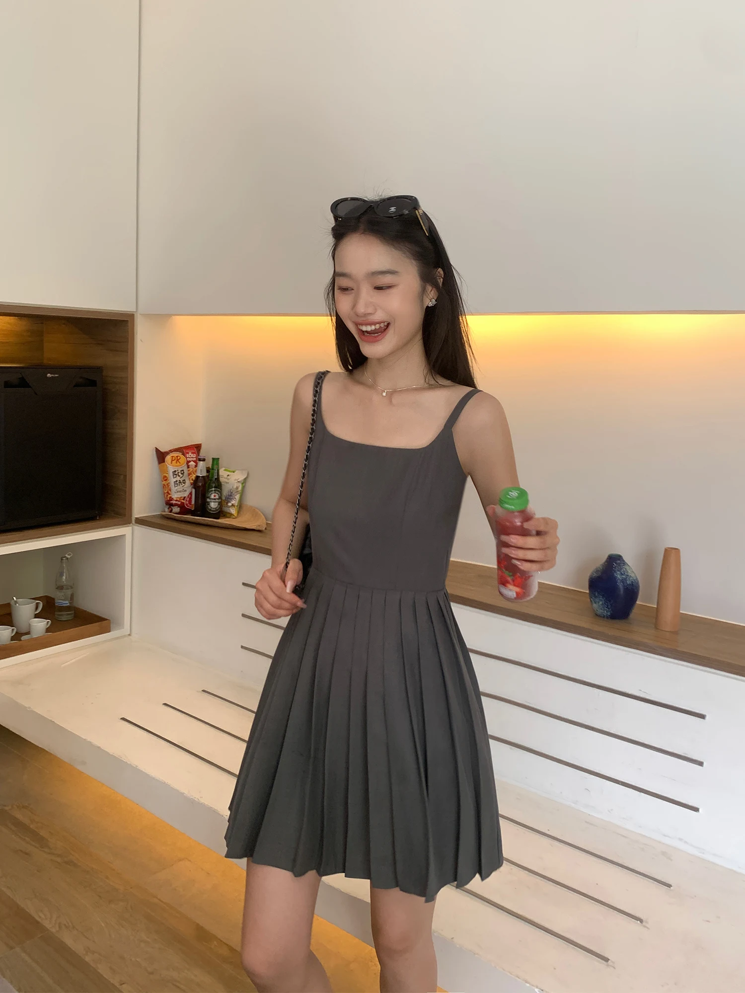 Pusumede Black Gored A-Line  Dress Women's Ballet Style Wrap Waist Strapless Dress Polyester Fiber Square Collar Citywalk