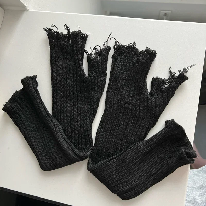 

1pair Black Tattered Punk Unisex Fingerless Cuff Knit Gloves Women Men Elbow Length Mittens Broken Stretch Arm Warmer Gloves