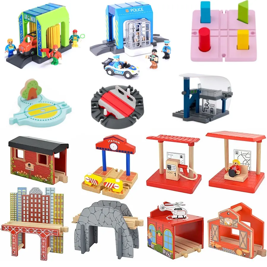 

City Wooden Track Accessories Tunnel Bridge Parts Fire DEPT Police Station Train Cross Road Block Wood Toys For Children Gifts