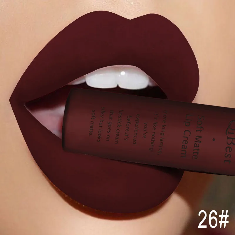 QIBEST Matte Liquid Lipstick Sexy Red Black Nude Lipgloss Waterproof Long Lasting Velvet Lip Gloss Makeup Lip Stain Tint 34Color