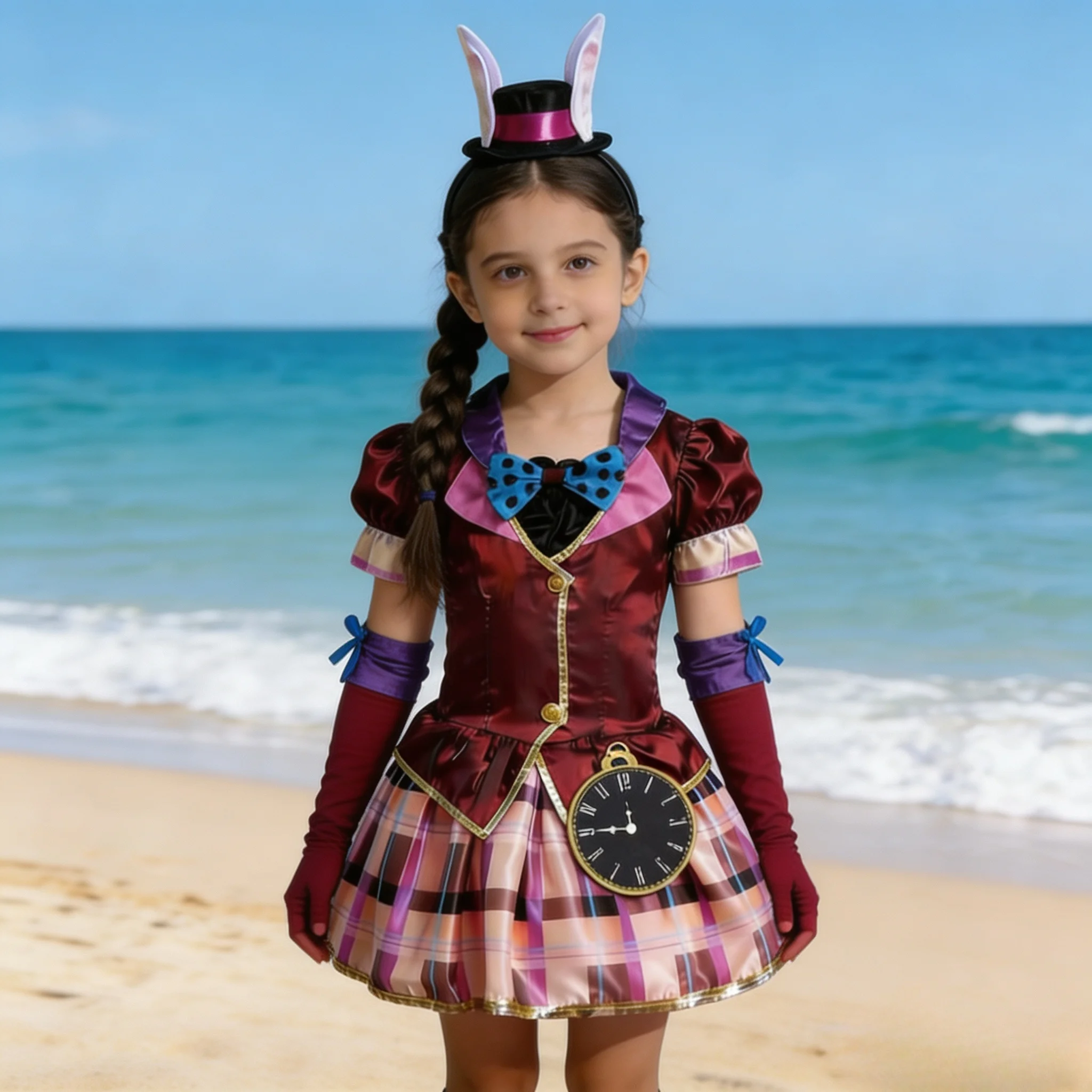 Teeparty-Kostümset für Mädchen, Kleid, Hasenohren-Stirnband & Handschuhe, Kinder-Halloween-Outfit