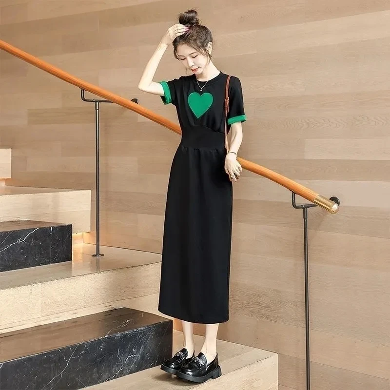 2024 Summer New Korean contrast color Long T-shirt Dress Women's Love Pattern Short Sleeve Dress