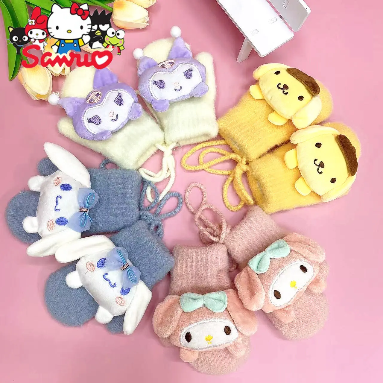 

Sanrio Kuromi Melody Cinnamoroll Children's Warm Plush Gloves Pochacco Japanese Cartoon Toy Doll Thickened Student Finger Gloves