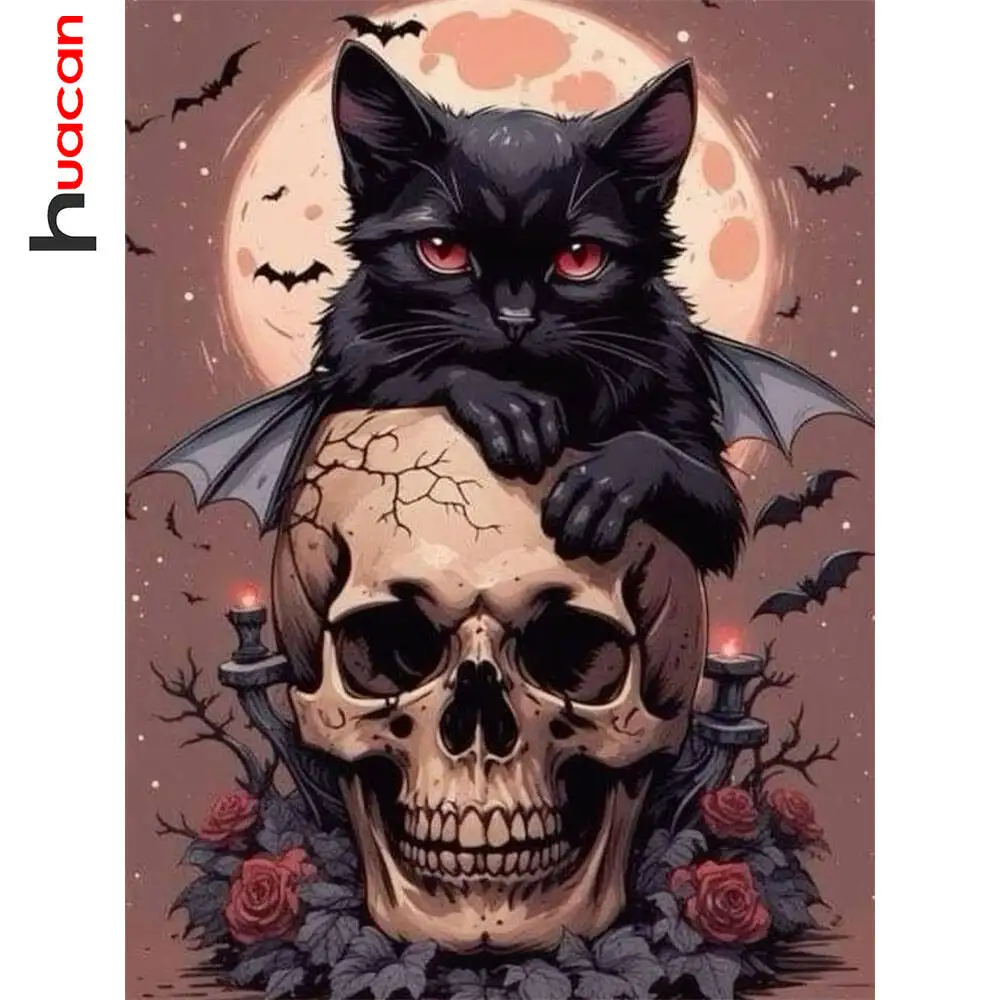 Huacan Black Cat Skull Halloween Diamond Painting Full Square Round Moon Wings 5D DIY Diamond Mosaic Gift