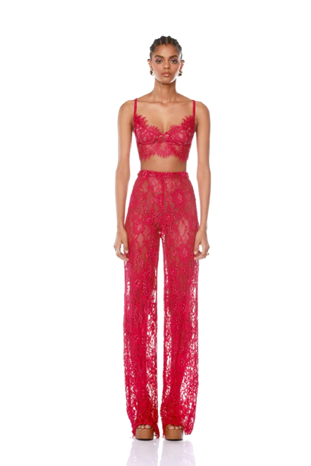 Europe And The United States Hot New Rose Red Strap With Lace Mesh See-Through Pants