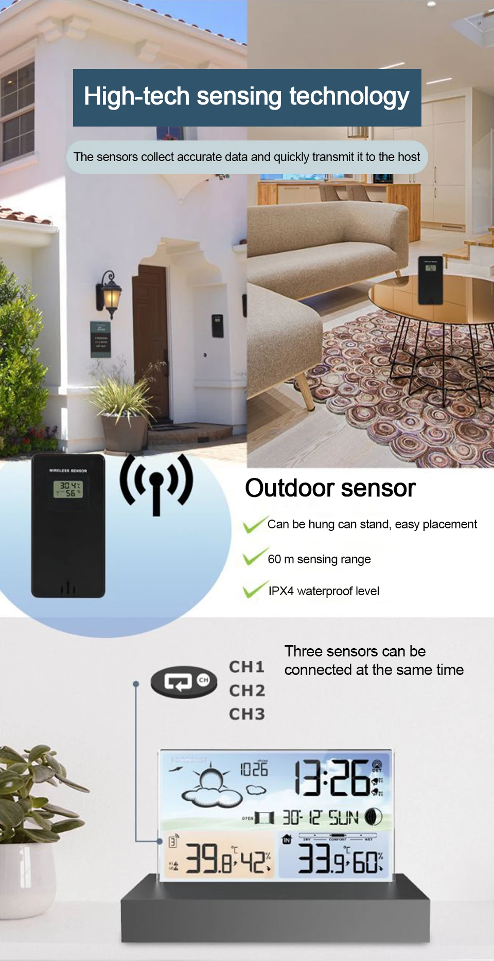 Transparente Wetterstation für drinnen und draußen, kabelloses Thermometer und Hygrometer mit 1 Fernsensor, Temperatur- und Luftfeuchtigkeitsmesser – Detail 5