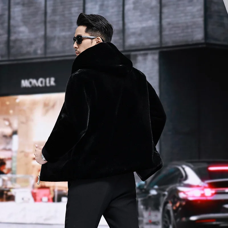 

New Arrival Top Fashion Winter Warm fur Mink Imitation Sheep Sheared Fur Zipper Men's Solid Hooded Jacket