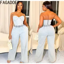 FAGADOER Fashion Off Shoulder Denim Wide Leg Pants Sets Women Backless Top And Elastic Waist Two Piece Casual Cowboy 2pcs Outfit