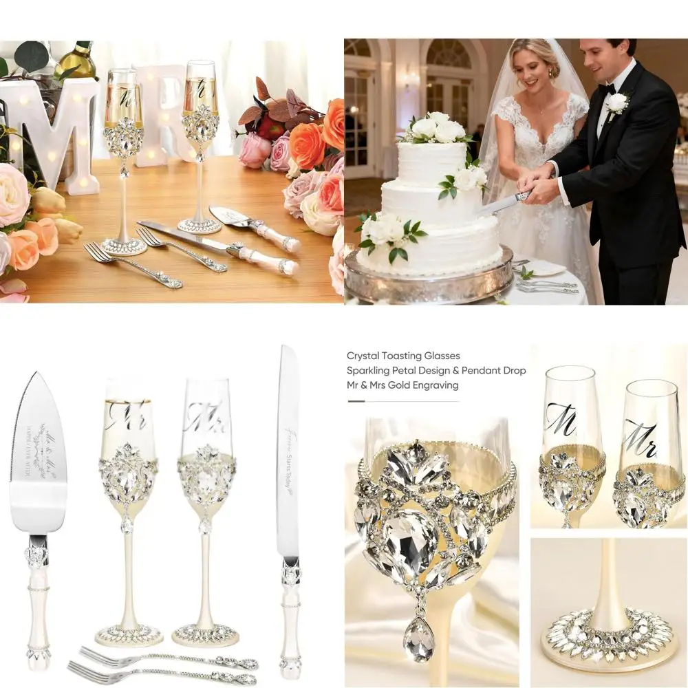 

Изысканные хрустальные фужеры для шампанского ручной работы с серебряными лепестками и подвеской, идеально подходят для разрезания свадебного торта или в качестве подарка.