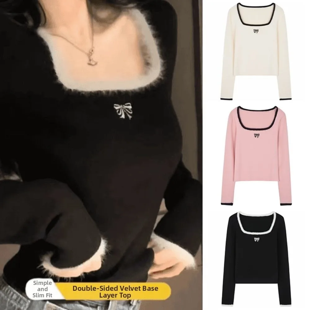 秋冬レディースニットセーターインナーウェア蝶結び刺繍無地長袖パッチワークTシャツスクエアネック