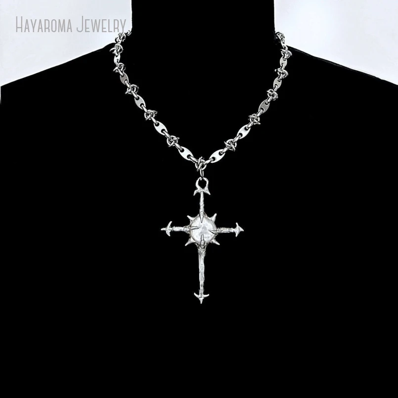 10Pcs Stainless Steel Silver Plated Statement Punk Goth Edgy Pearl Cross Pendant Necklace