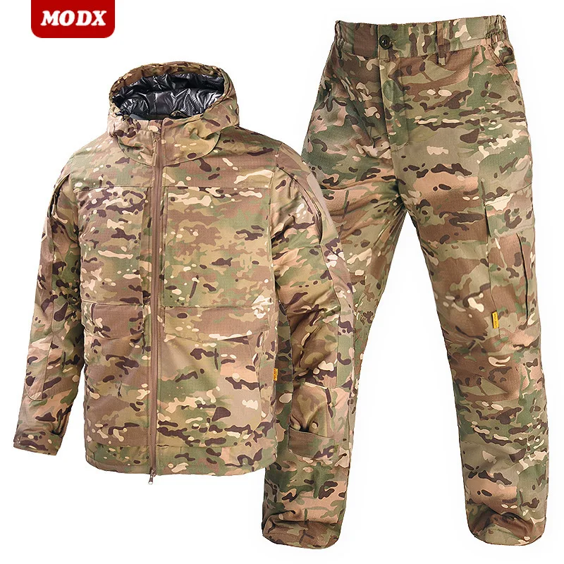 Winter Outdoor Men Warm Camouflage Set Windproof Hooded Heat Reflection Tactical Cotton Coverall Training Hiking Hunting Uniform