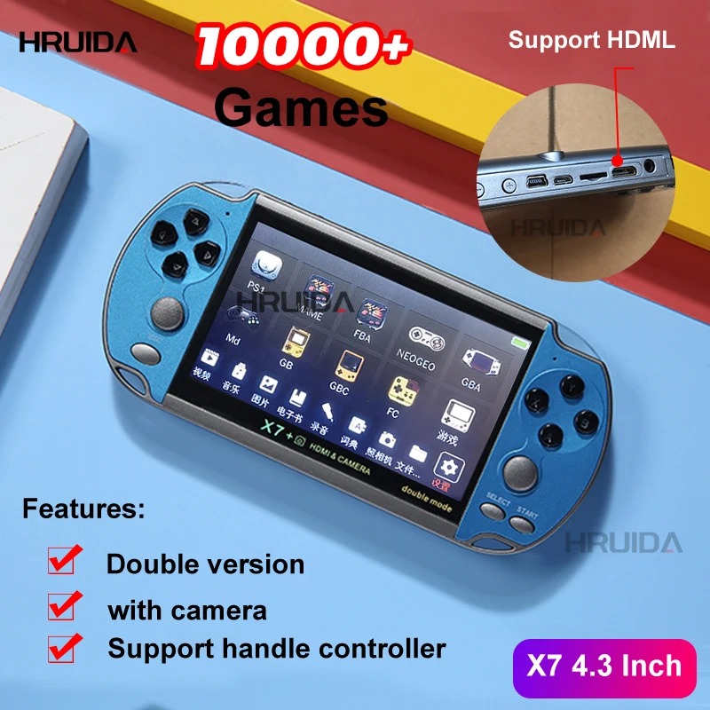 X7+4.3-inch Video Game Console Two Hand Handle Handheld Retro Game Console With Built-in 10000+games HD Video Support controller