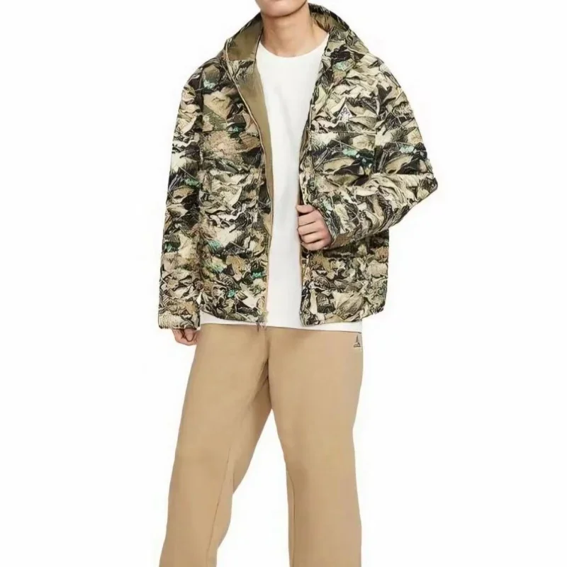 Nike All-Over Pattern Hooded Zip-Up Loose Cotton Jacket for Men Olive Green HJ2488-297