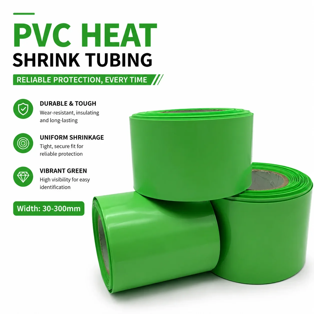 Green PVC Heat Shrink Tube 30-300mm Wide, Easy to Shrink Insulation Sheath, Battery Shell Protective Film