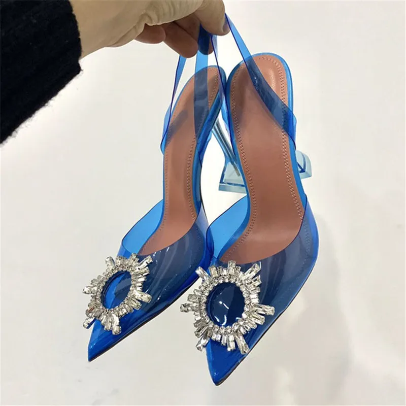 Fashion Women Pumps Sandals Summer Sexy Slingback High Heels Rhinestones Elegant Pointed Toe Transparent PVC Party Wedding Shoes