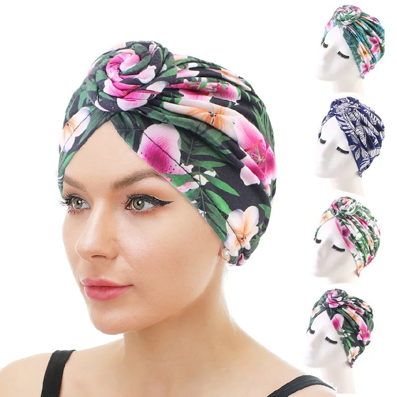 Nowe kobiety kwiat Turban muzułmański Bonnet Twist Knot indiański kapelusz panie Chemo Cancer Cap bandany szalik na głowę wewnętrzne hijabs na czapkę