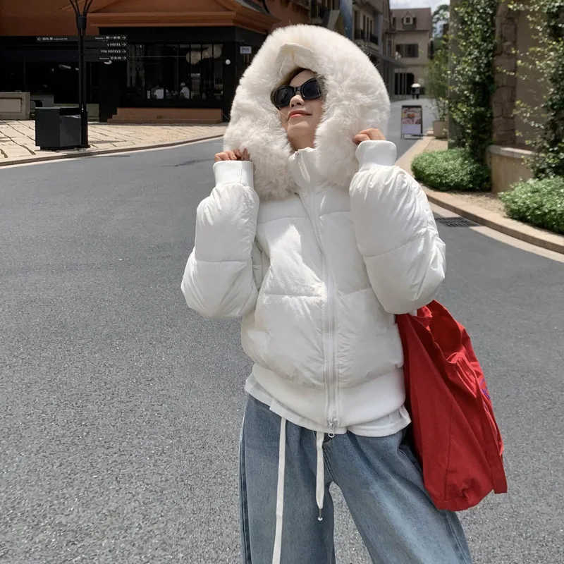 Winter Fashion Fur Collar White Zip up Hooded Short Jacket Women Casual Thicken Warm Coat Harajuku Y2k elegant Sweet Streetwear