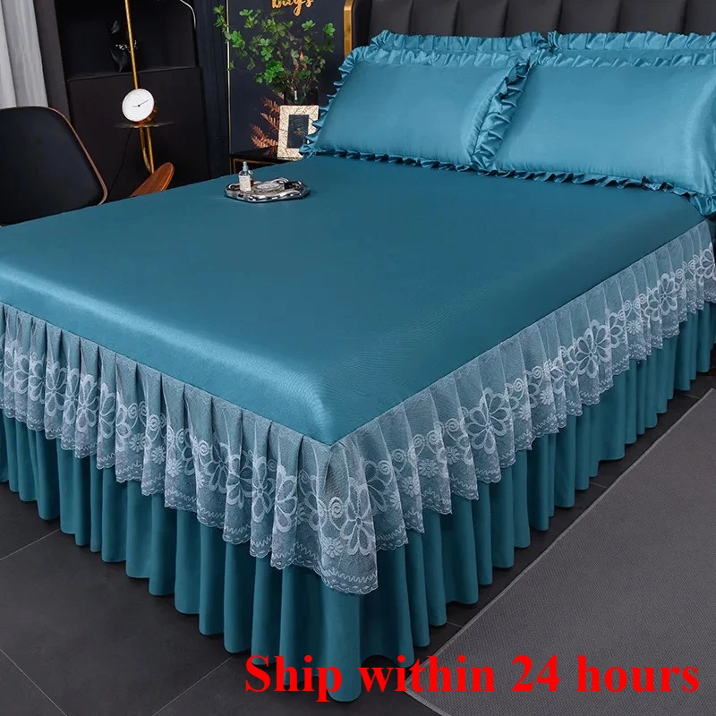 Version of ice silk cool bed skirt solid color sleeping naked summer mat 3-piece protective machine wash bedspread