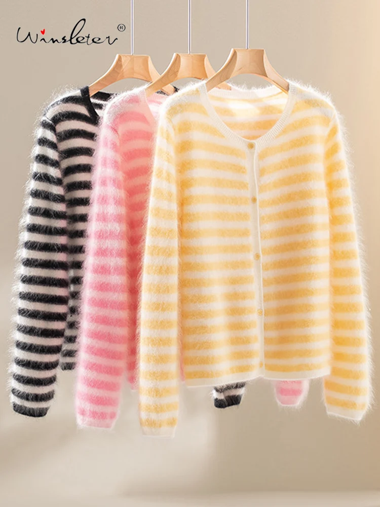 

Winsleter-100% кашемировый элегантный свитер, полосатый свитер с круглым вырезом, женский модный универсальный вязаный свободный кардиган, новинка зимы 2025 года T5D043CC