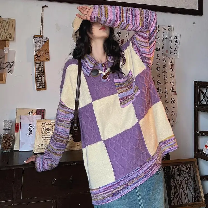 YYAHAHAS 레트로 패치워크 배색 체크 스웨터 (2025년 가을 여성용) 일본 레이지 스타일 니트 풀오버