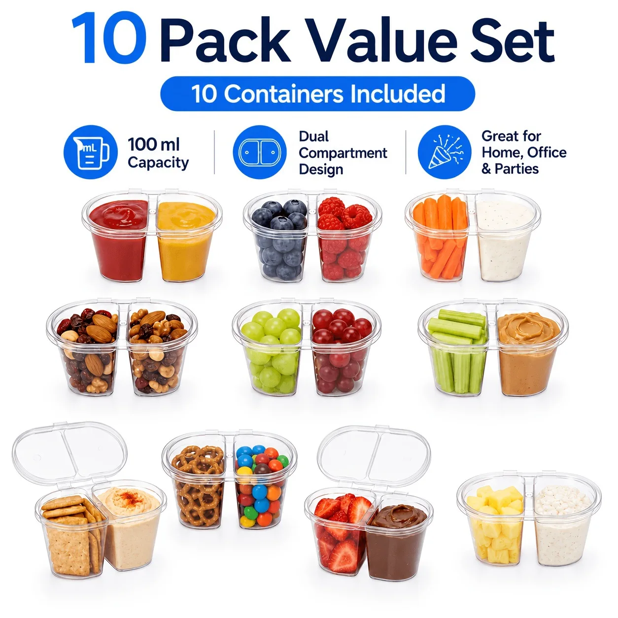 Clear Dual Compartment Sauce Container Connected Hinged Lid Reusable Dip Cup Condiment Seasoning Snack Portion Storage Box