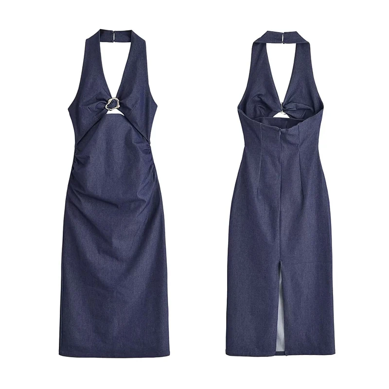 Denim Dress Summer 2025 New Fashion Slim V-neck Hanging Neck Elegant Long Dress Women Street Holiday Chic Youth Party Dress