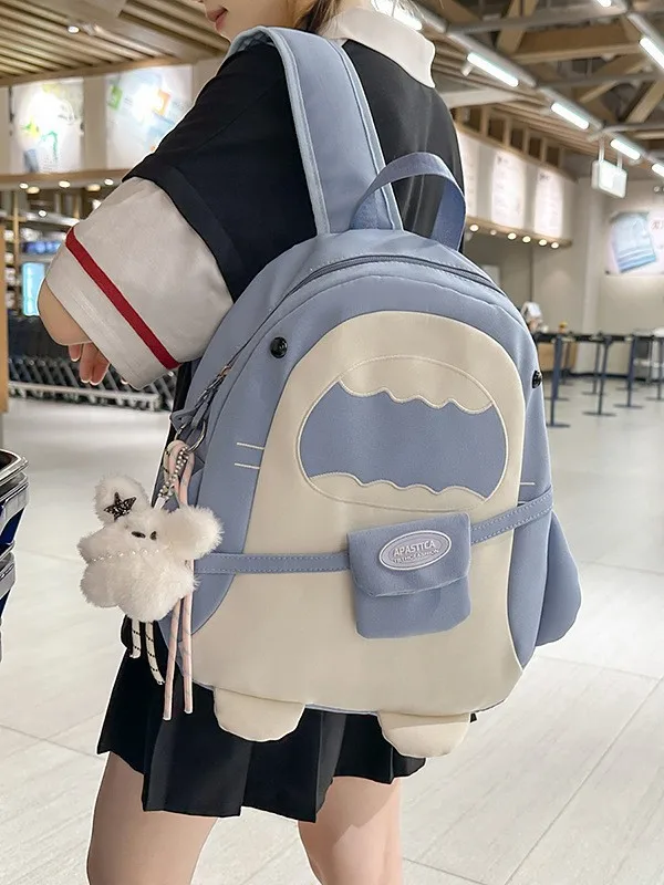 Cartoon Monster Color Block Backpack Japanese Soft Contrast Color Bag Girls Lightweight Large Capacity Campus Student School Bag