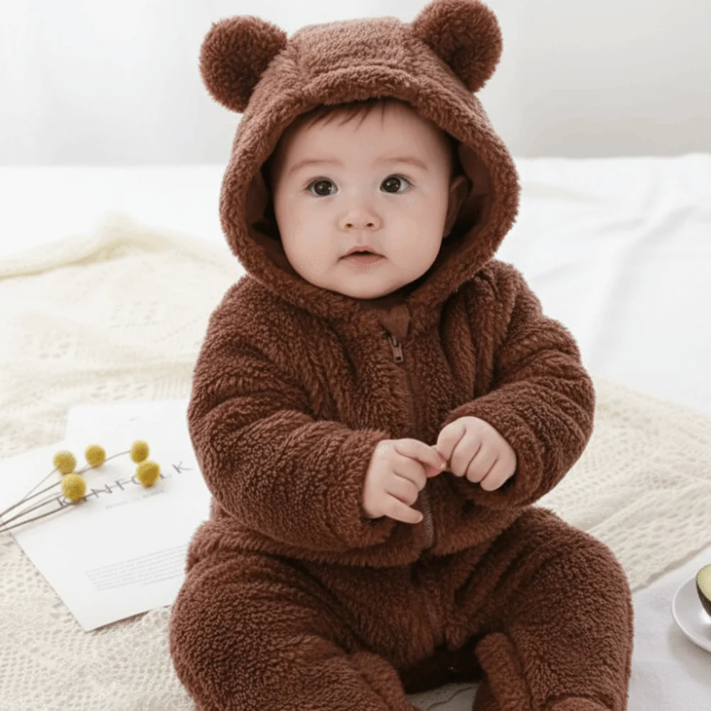 Thick Warm Baby Rompers Coral Fleece Soft Velvet Infant Jumpsuits Bear Shape Hooded Zipper Newborn Pajamas 3-9 Months