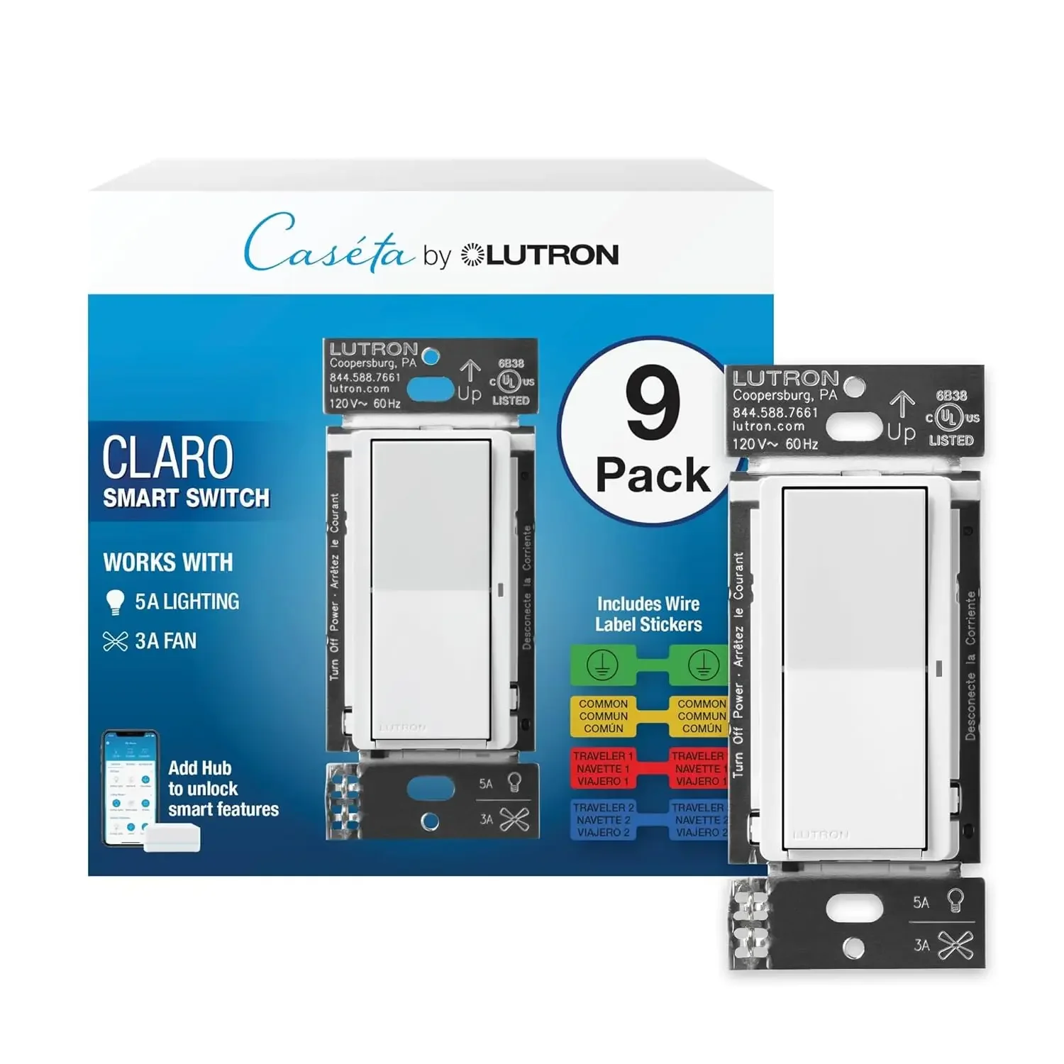 Lutron Claro Smart Switch for Caseta Smart Lighting, for On/Off Control of Lights or Fans | Includes Wire Label Stickers