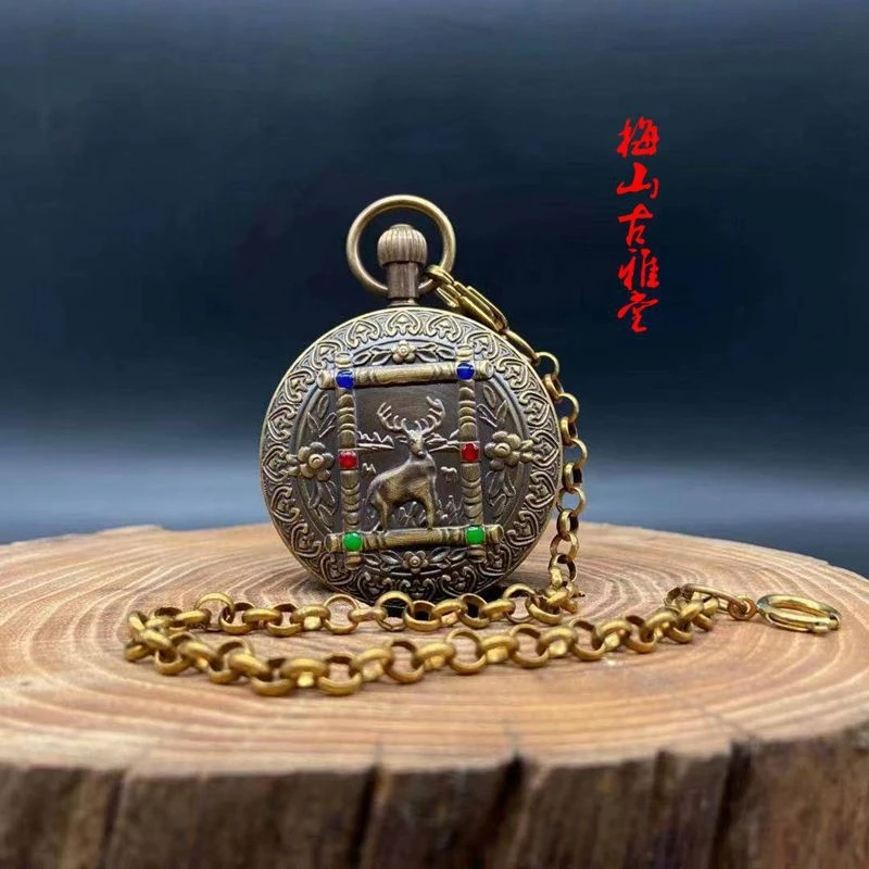 Vintage deer with chain, retro old pocket , item from the Republic of China, antique copper watch, cop