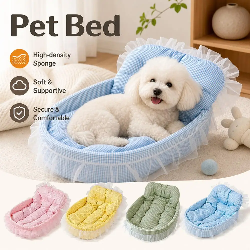 Cute Lace-Trimmed Pet Cat Princess Sofa Bed For Four Seasons Washable and Removable Soft Plush Oval for Small Dogs/Cats