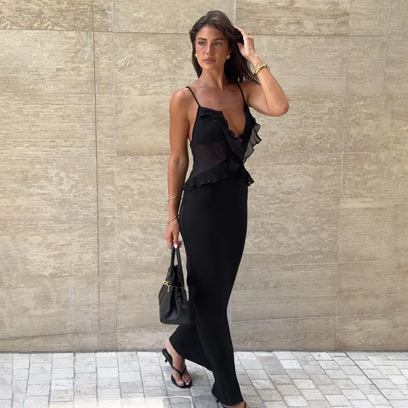 

Tsiisd Sexy Lace-Up V-Neck Long Dress Women Backless Flounced Summer Beach Resort Style 2026 Party Dress Female Long Dress New