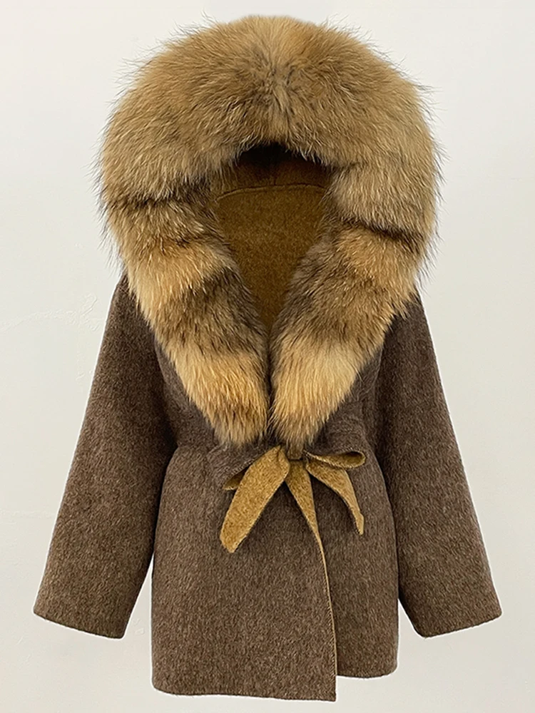 Women Hooded Belt Woolen Jacket Real Fox Fur Wool Coat Female Natural Fur Coat Lady 2025 Fashion Luxury Winter Clothes
