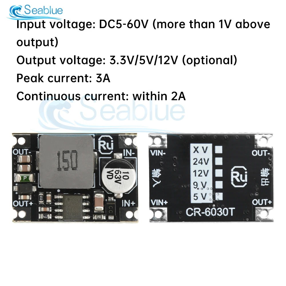 DC-DC Buck Power Supply Module Adjustable Buck Converter Module 5-60V To 3.3V/5V/12V 3A for Car Motorcycle Battery Charging